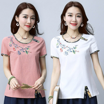 Middle-aged womens summer clothes 30-35-40 years old cotton linen linen womens loose large size moms short-sleeved T-shirt top