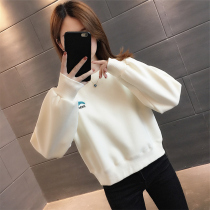 White little sweatshirt women 2021 new autumn and winter plus velvet padded high waist short jacket foreign style jacket