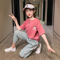 Girls  summer short-sleeved T-shirt 2021 new Zhongda childrens net red Western style suit 6 Korean fashion two-piece suit