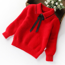 Girl red sweater 2021 new children plus velvet base shirt Christmas New Year girl baby winter thick mink velvet