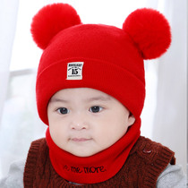 Warm thickened newborn baby childrens wool hat pullover collar suit Autumn and winter double ball male and female babies 1-2 years old