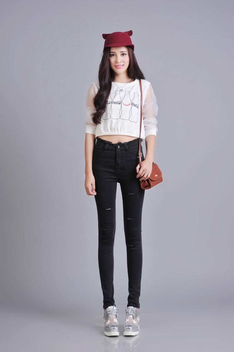 加肥加大高腰膝盖大码破洞牛仔裤女胖mm紧身小脚铅笔裤显瘦200斤