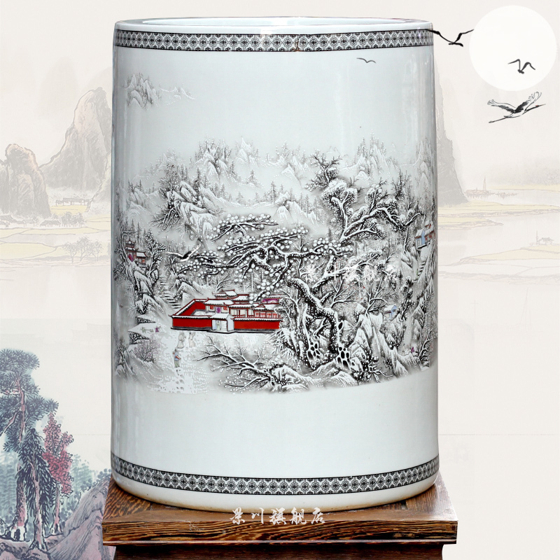 Jingdezhen ceramic snowscape painting cylinder quiver sitting room office furnishing articles the multi-ethnic study of calligraphy and painting scroll to receive goods