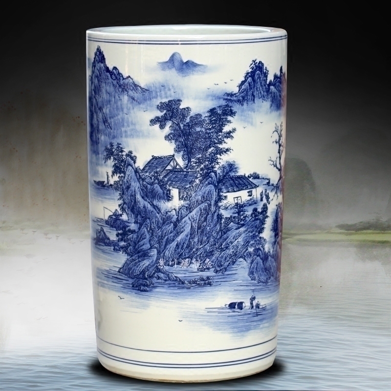 Blue and white porcelain of jingdezhen ceramics and floor quiver calligraphy and painting cylinder barrel sitting room place study of calligraphy and painting decoration