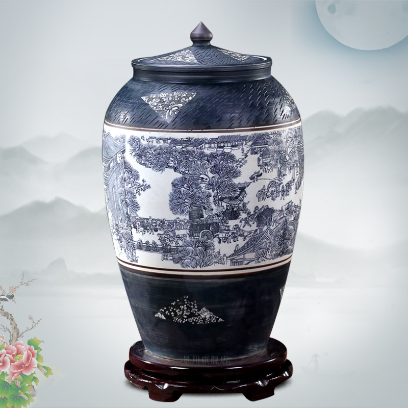 Jingdezhen ceramic barrel qingming scroll ricer box with cover archaize jars household storage tank 20 jins 50 pounds