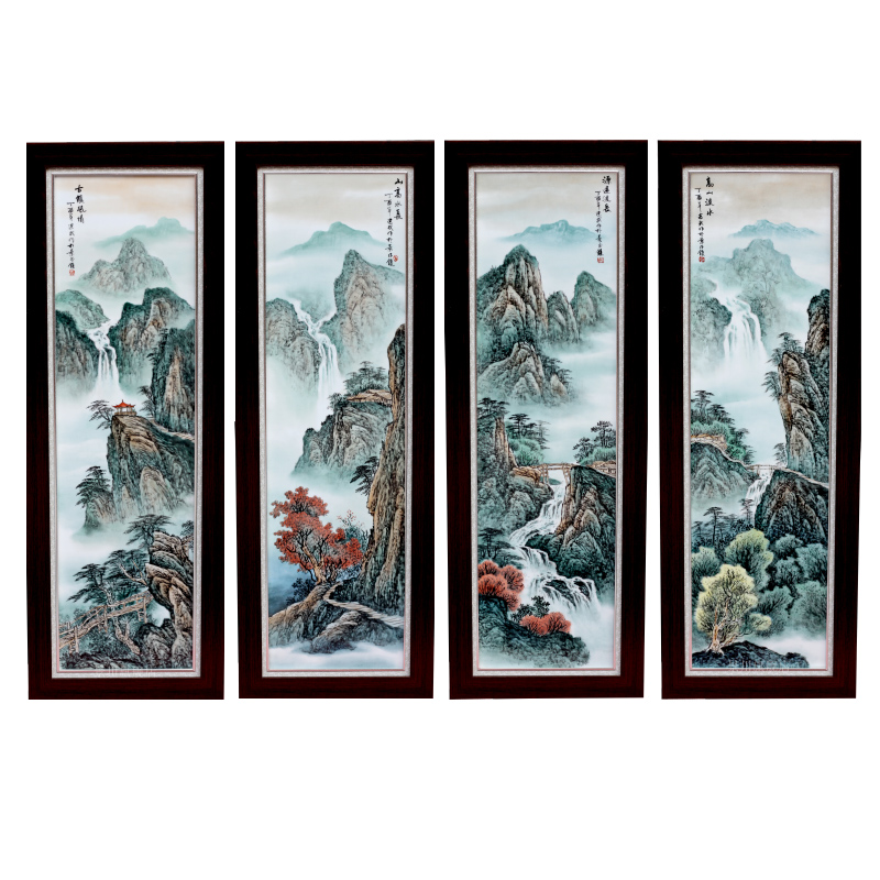 Jingdezhen ceramic painting hand - made porcelain plate painting landscapes four screen adornment home sitting room sofa background wall hangs a picture