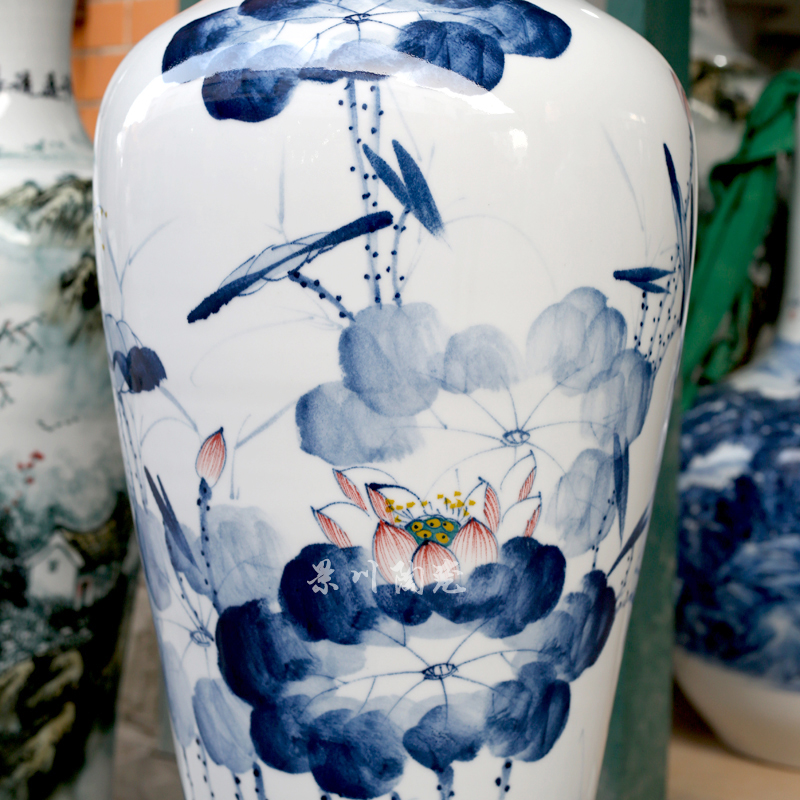 Hand - made ink color blue and red lotus lotus fish landing big vase jingdezhen ceramic household sitting room adornment furnishing articles