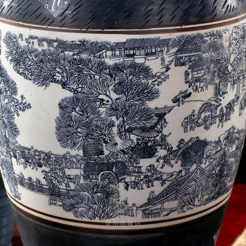 Jingdezhen ceramic barrel qingming scroll ricer box with cover archaize jars household storage tank 20 jins 50 pounds