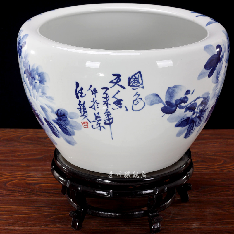 Jingdezhen ceramics brocade carp goldfish bowl of blue and white porcelain peony water lily lotus tortoise cylinder household adornment furnishing articles