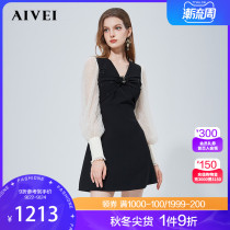 AIVEI Xinhe Aiwei 2021 Winter New V Collar Nail Bead High Waist A- shaped Mesh Sleeve Dress N0660113