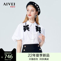 AIVEI congratulates Ivy 2022 summer new bow necklace puff sleeves white shirt top p0360073