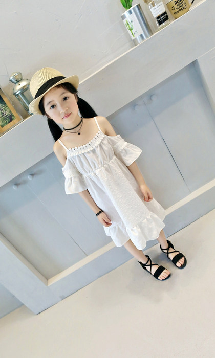 女童条纹吊带裙童装宽松连衣裙儿童露肩白裙子中大童2018夏装新款