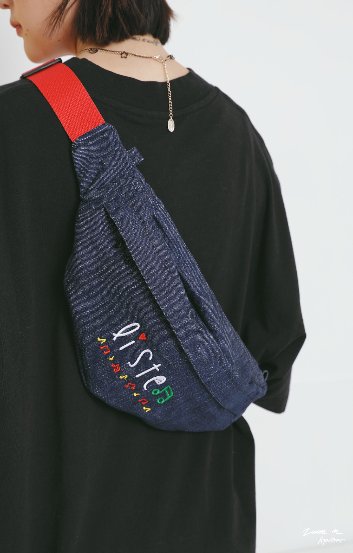 『listen音符刺绣 深蓝丹宁牛仔腰包款』