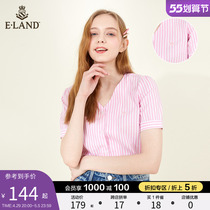 ELANND Clothing Romance Spring Summer Fashion Temperament Sweet V Collar Small Crowdstriped Slim Short Sleeve Pure Cotton Shirt Lady