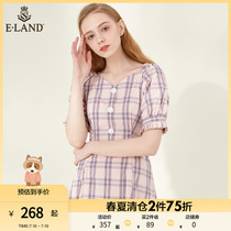 ELAND clothes lovers Summer Korean version French style sweet and lean little sub-fairy Wind V collar plaid dress lady