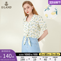 ELAND Clothes Romance Spring Summer V Collar Design Sensation Small Crowdflower High Waist Short short sleeves Pure cotton Shirt blouses ladies