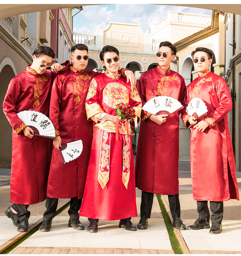 伴郎服中式婚礼男士长衫兄弟团结婚礼服中国风唐装长袍大褂兄弟装