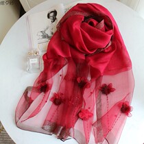 High-grade embroidered hair ball wine red silk scarf wool scarf wool scarf mulberry silk dress shawl long women autumn and winter New