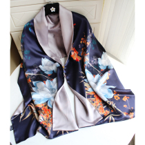 Luxury high-end navy blue Mulberry Silk Silk Silk double buckle cheongsam shawl long scarf Lady autumn and winter New