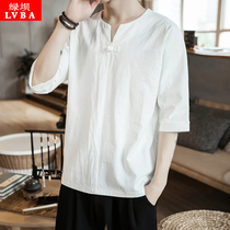 Chinese style linen T-shirt mens Chinese Collet top loose size youth clothes summer large size short sleeve T-shirt men