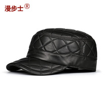 Sheepskin hat Mens military hat Leather hat Male youth Korean version flat top hat Male cotton hat Casual warm winter cotton