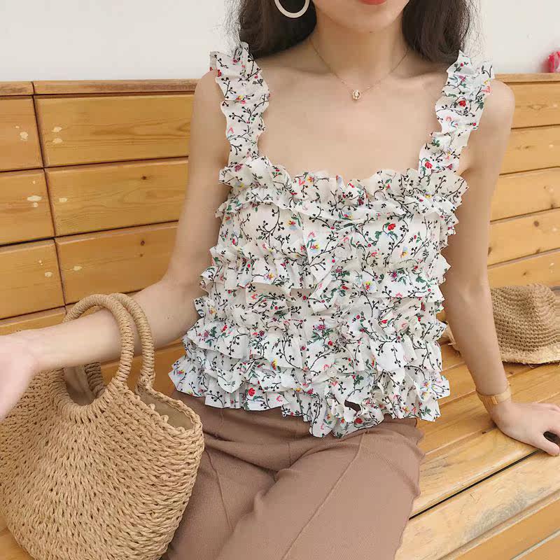 实拍实价复古木耳边雪纺碎花吊带背心韩版chic上衣特价