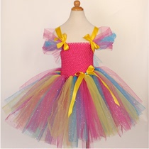 Childrens Day Costumes Rainbow Dress Rainbow Girls Princess Dress Color Matching Bright Pink Mesh Dress Fairy Petit Skirt