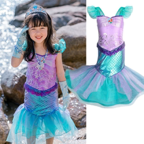 Foreign trade childrens skirt flying sleeves sequined fish scale mermaid princess dress costume girls jumpsuit Christmas performance costume prom