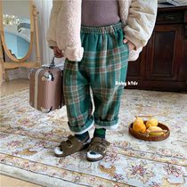 Korean childrens casual pants boys and girls retro tweed plaid pants baby velvet pants 2-3-4 years old