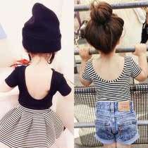 ins explosive 2020 Summer Girl backless top girl modal striped baby tight short sleeve T-shirt skirt