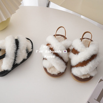 2022 autumn and winter womens bag heel with hair slippers Han version female baby sweet and cool retro furry shoes Childrens woolen shoes