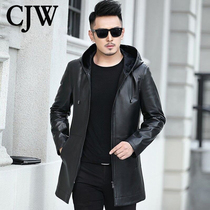 Haining genuine leather jacket mens mid-length slim Korean style handsome sheepskin jacket mens hooded trench coat
