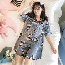 Nightdress Lady summer ice silk short sleeve thin sexy pajamas real silk student spring and autumn size fat mm200 kg