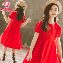 Girls dress 2021 New Korean version of summer middle school children Foreign style red princess skirt short sleeve dress tide