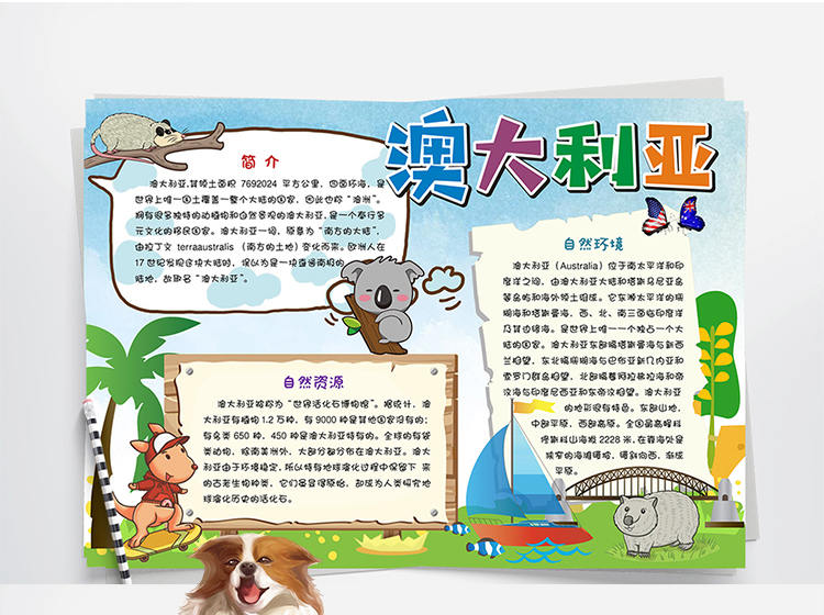 新款澳大利亚小报word模板澳洲大洋洲地理国家电子手抄报a4