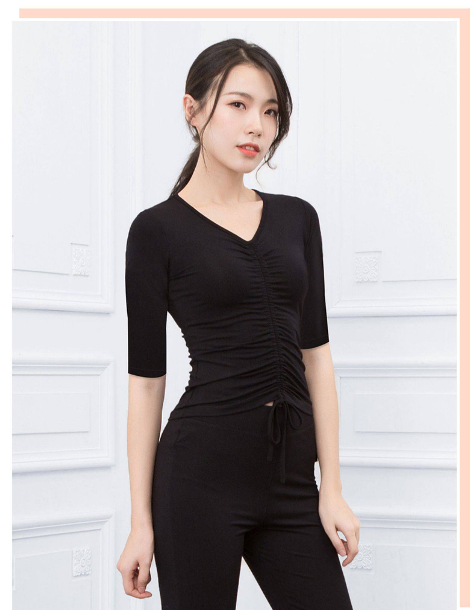 舞蹈练功服上衣女形体拉丁古典民族舞跳舞衣服装修身练舞黑色舞服