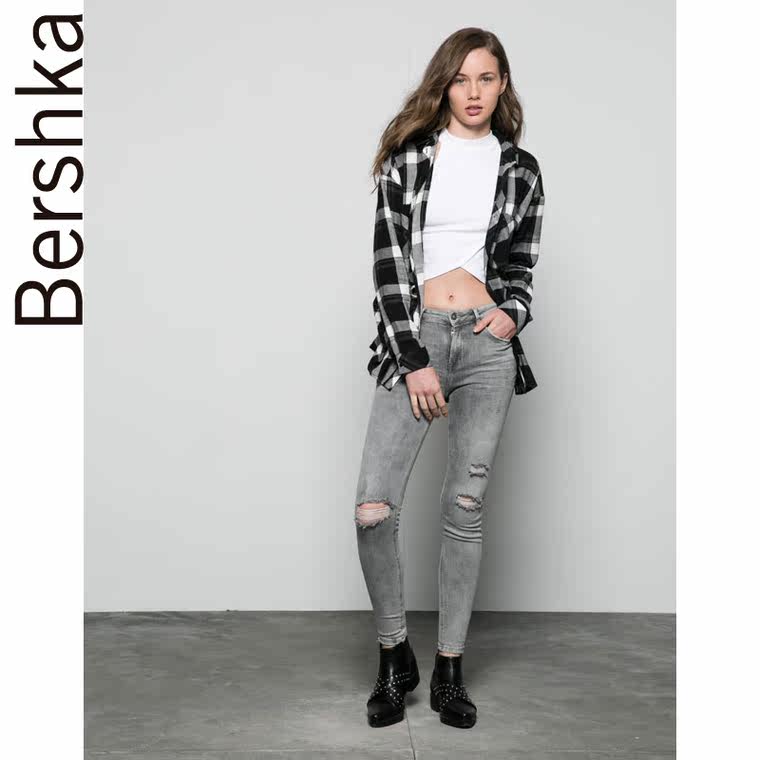 Bershka Bershka 乞丐风弹力直筒牛仔裤 05020220