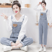2021 Spring and Autumn New Inssen female cute Net red loose denim pants female white top two-piece set