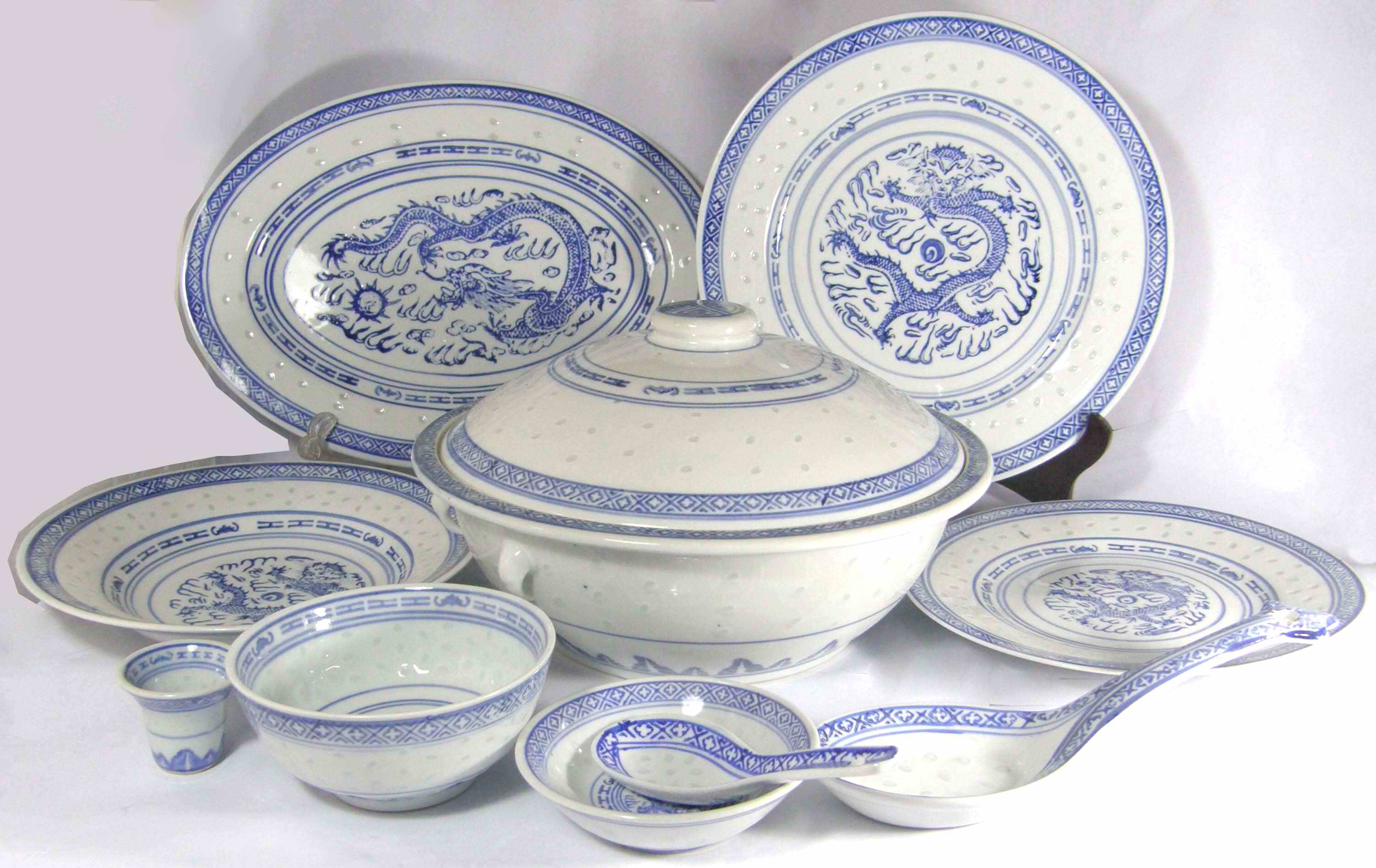景德镇青花玲珑54头餐具 新瓷 米通瓷