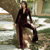 2021 - Fall - winter new wine red double - row velvet suit suit fashion temperament suit two pieces of suit