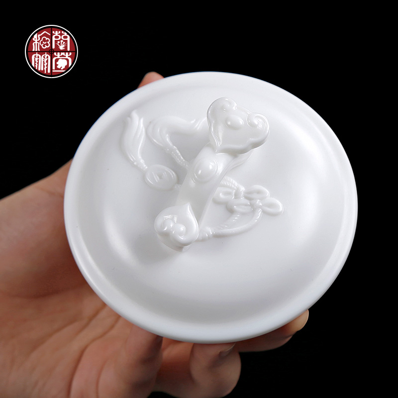 Luck, guo - jin zhang pure manual glass dehua white porcelain cup with the ceramic with cover suet jade tea cup