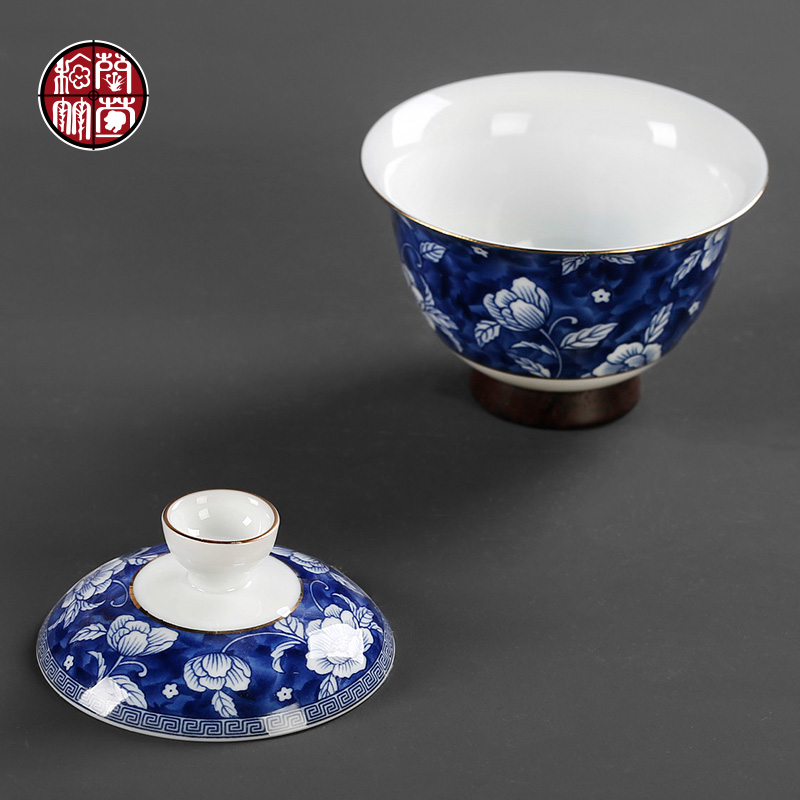 Tureen hand - made cover glass ceramic cup retro blue and white pure manual kung fu 5 tea cup of Chinese tea taking