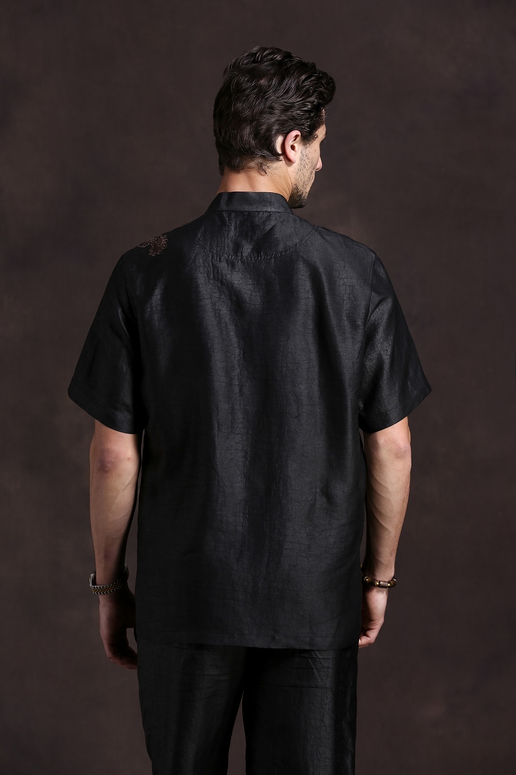 休闲莨绸男装 复古民族风香云纱短袖绣龙上衣 真丝男唐装