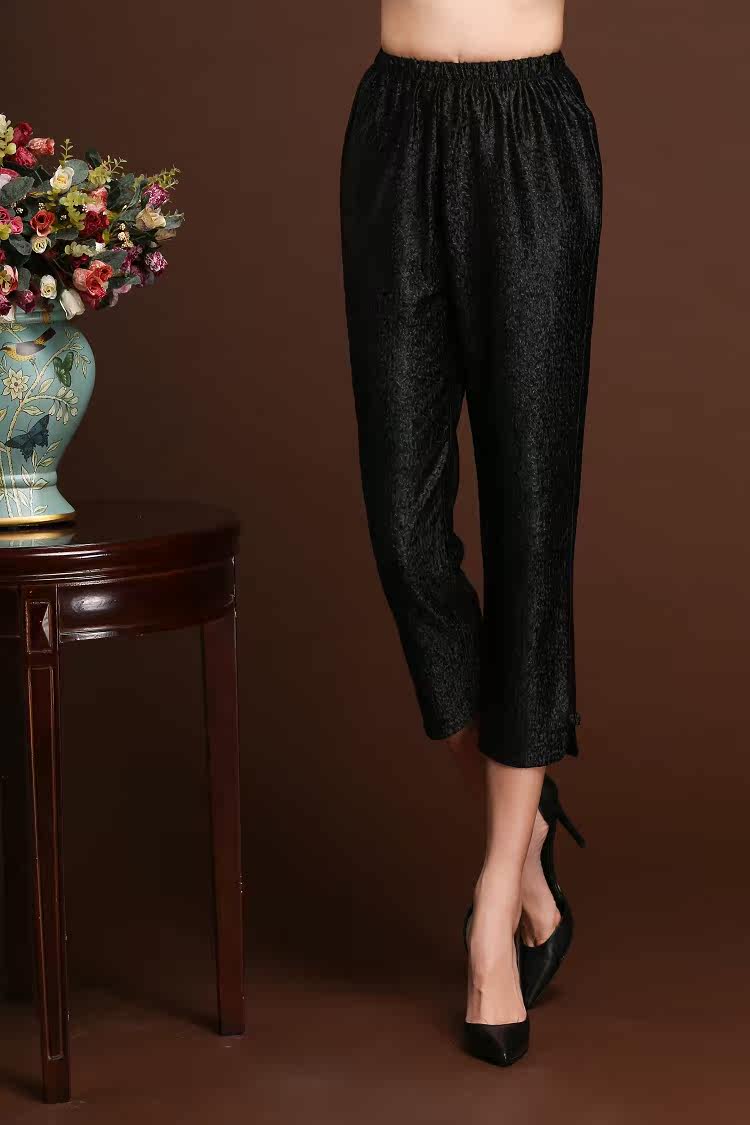 高档真丝女裤中老年妈妈装 弹力褶皱休闲裤 七分裤a117