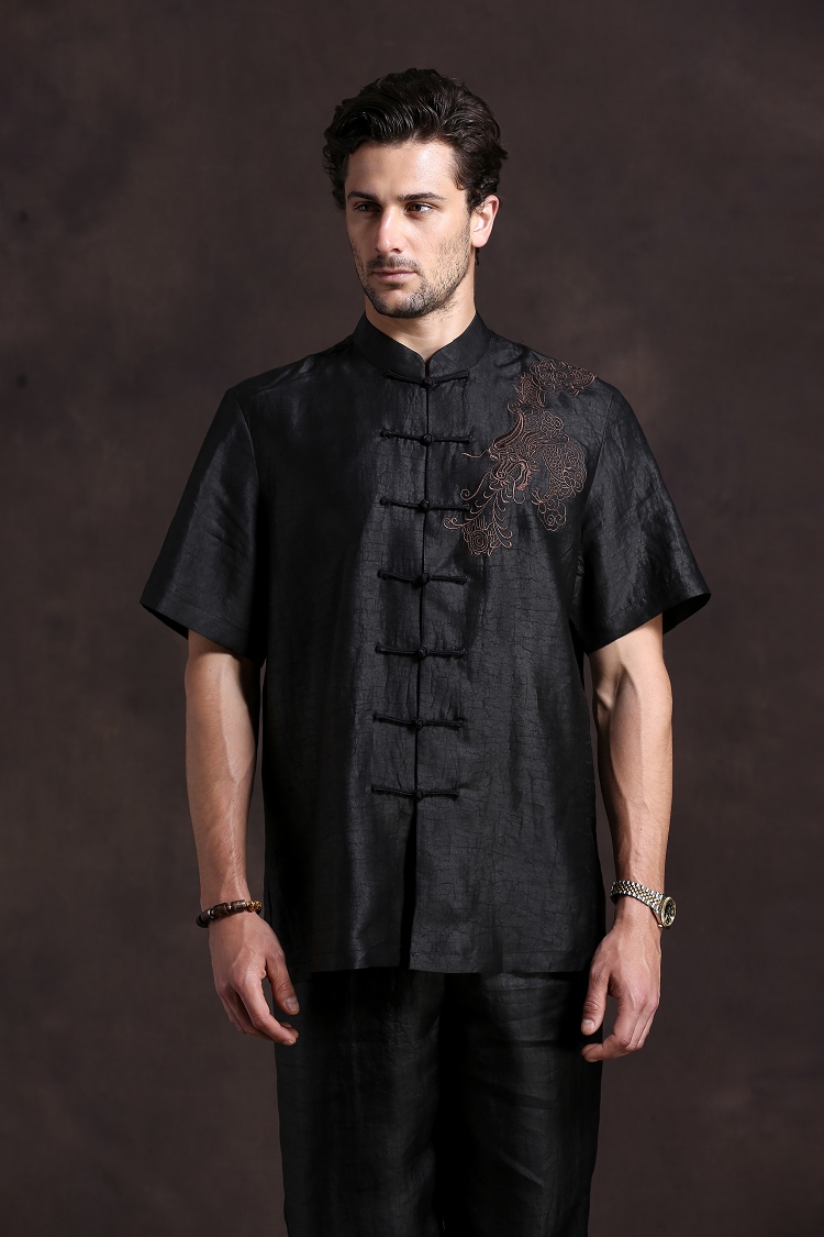休闲莨绸男装 复古民族风香云纱短袖绣龙上衣 真丝男唐装