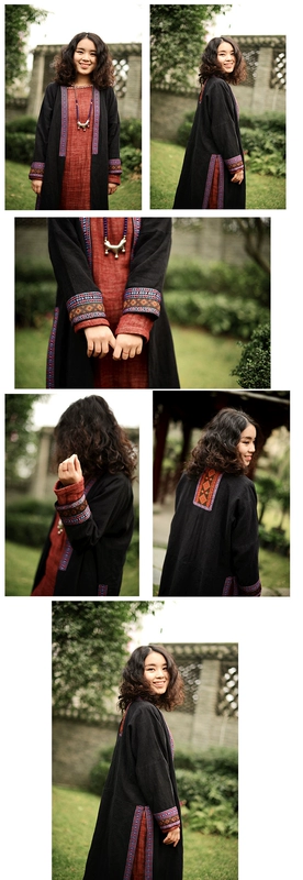 Thiết kế ban đầu cotton và vải lanh quần áo phụ nữ thương hiệu dân tộc thêu hoa quạt văn học Áo gió cổ điển Trung Quốc Miao thêu áo khoác mùa thu - Trench Coat