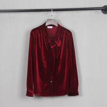 Low-key small luxury streamers gold velvet long-sleeved shirt womens 2021 spring new loose bow foreign style shirt