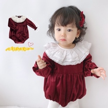 SonnyGirl Lace Princess romper Childrens birthday skirt Baby year-old suit Burgundy velvet dress