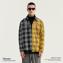 Spring retro tide coloured splicing plate shirt men in long sleeve hood loose boys shirt coat