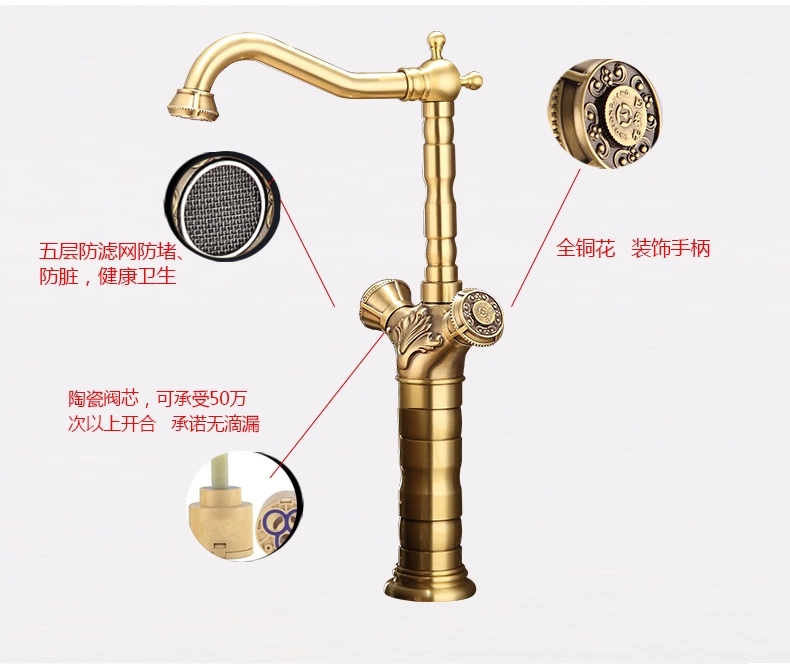 老铜匠纯铜台上盆水龙头冷热水两用双把欧式全铜台盆龙头a10119